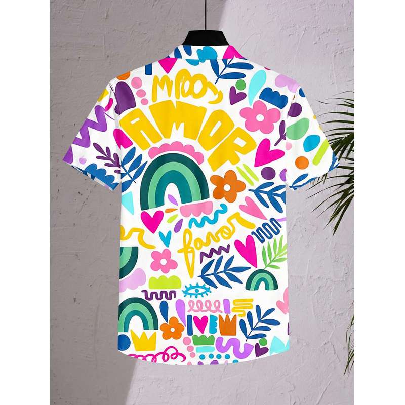 Women's Short Sleeve Button Up Shirt Colorful Graffiti Rainbow Leaf Pattern Commuter Casual Top Machine Washable
