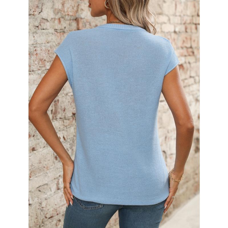 Summer Women's V-neck Top Knitted Coarse Needle Casual T-Shirts
