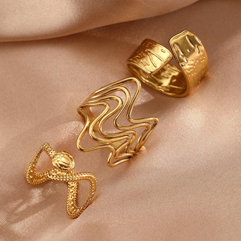 Hip-Hop Stainless Steel Circular Threaded Ring Set for Women Personality Irregular Metal Lava Line Index Finger Rings Jewelry
