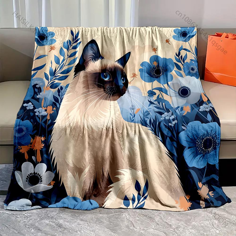 

1PC Siamese Cat and Flowers Print Blanket Warm Soft Luxury Gifts for Children Adults Suitable for Home Sofa Bed Travel RV 75x90cm