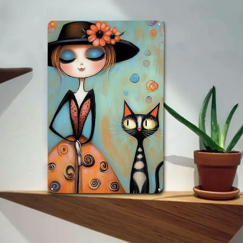 Whimsical Cat and Girl Wrought Iron Wall Art – Vibrant Orange & Blue Decorative Painting for Living Room, Bedroom, Cat Decor