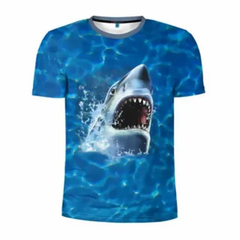 

Ocean Themed Shark Print Fashionable Fun T-shirt Summer Soft Comfortable Round Neck Children s Short Sleeved T-shirt 120