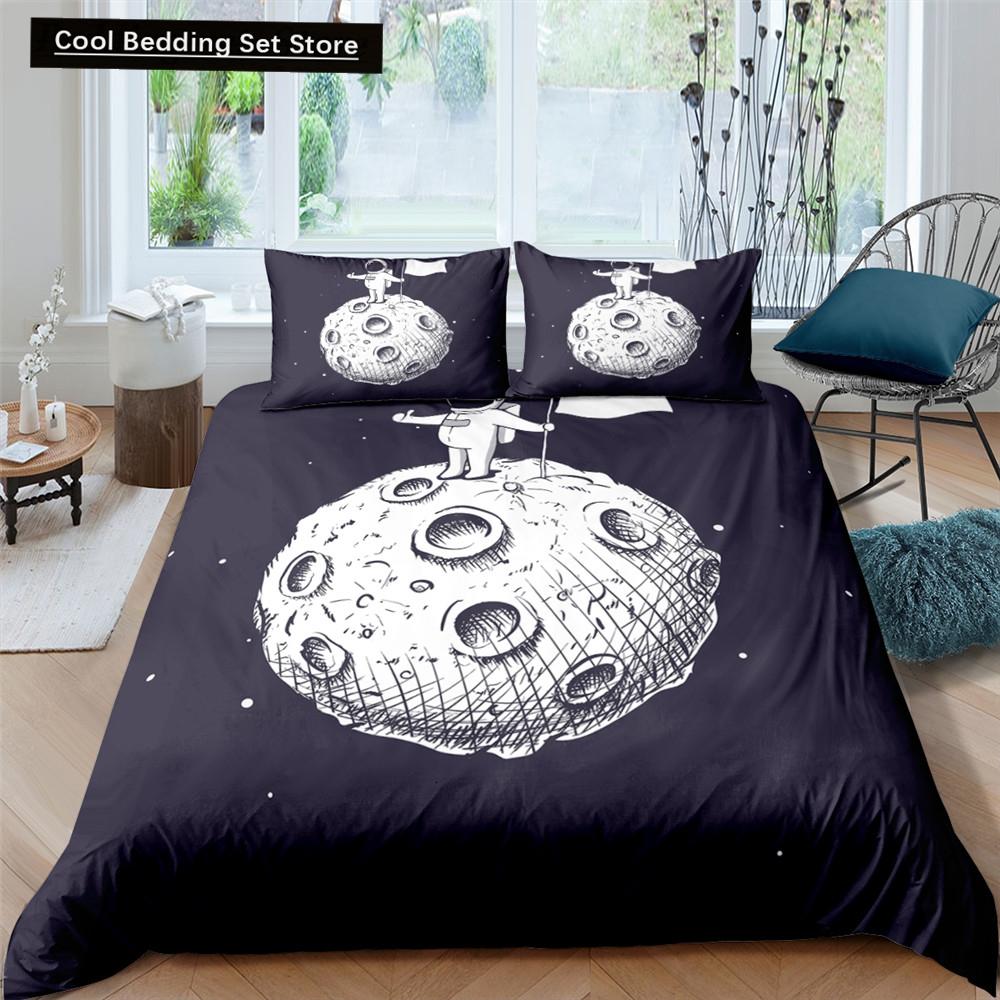 Cartoon Astronaut King Queen Duvet Cover Kawaii Spacecraft Bedding Set for Kids Outer Space Blue 2/3 Pcs Polyester Quilt Cover