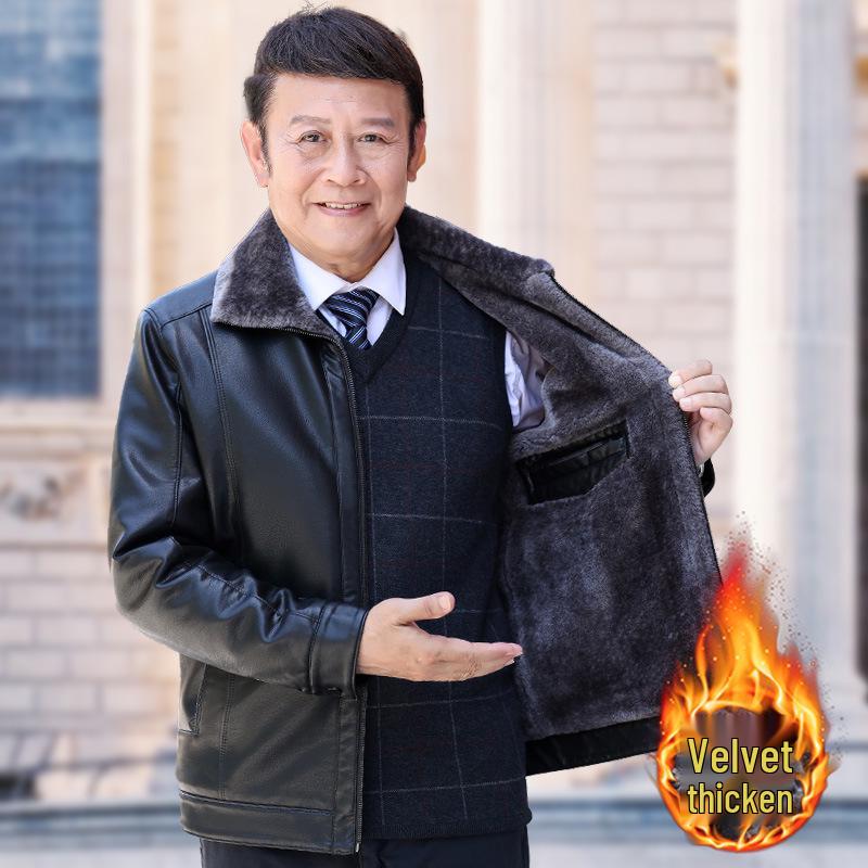 Men's 50+ Velvet-Lined Leather Jacket for Winter, Suitable for Middle-Aged & Elderly