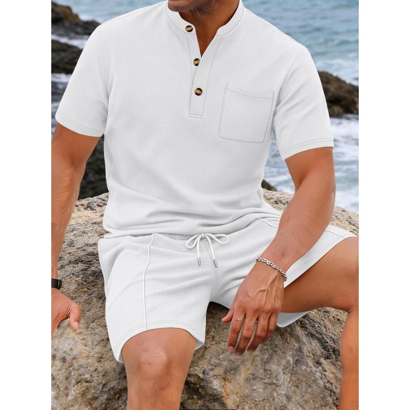 Men Waffle Knit Mandarin Collar Half Button Pocket Top & Drawstring Shorts Two Piece Set