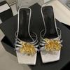 Fashion Liyke Elegant Square Toe Mules Low Thin Heels Modern Slippers Metal Flowers Designer Sandal Women Summer Party Prom Shoes White
