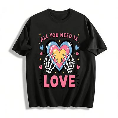 All You Need Is Love Skeleton Hands Heart Graphic Print Tee Pure Cotton T-shirt