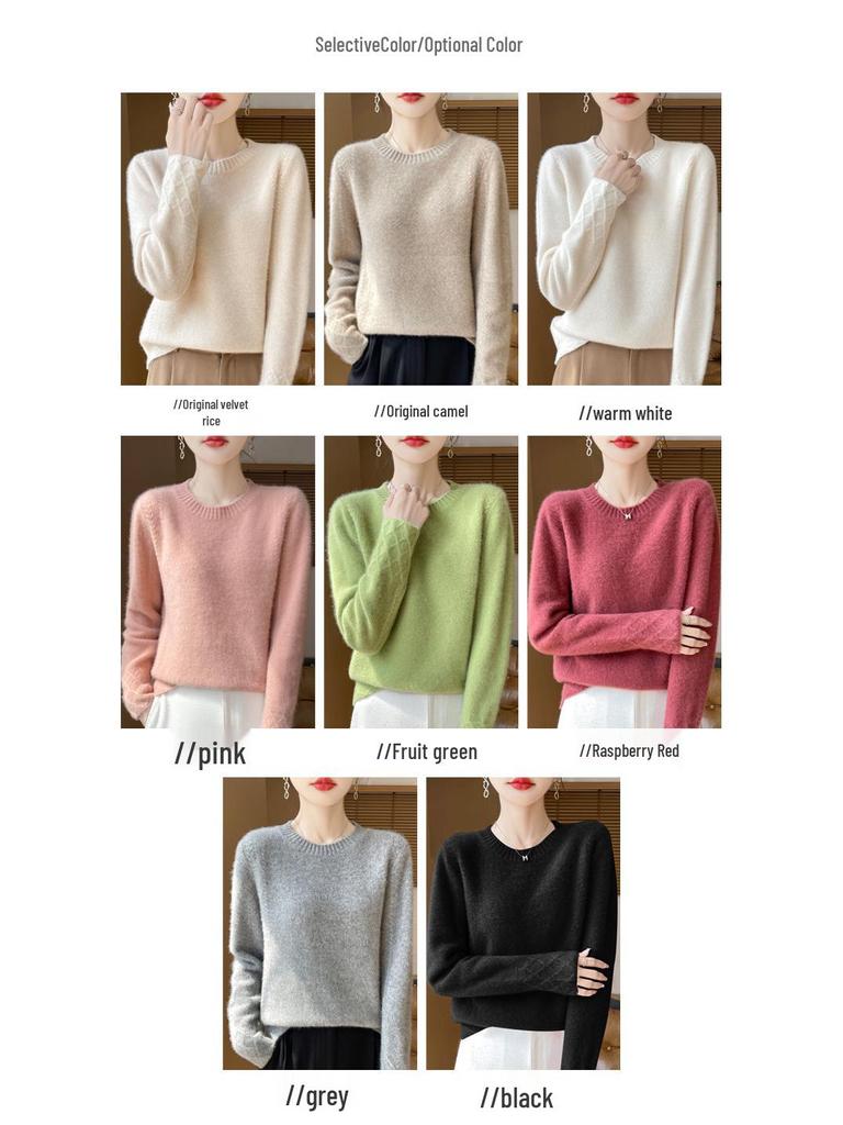 Women's 100% Wool Thick Knitted Slim Sweater, Round Neck, Versatile Base Layer for Autumn/Winter Fashion.