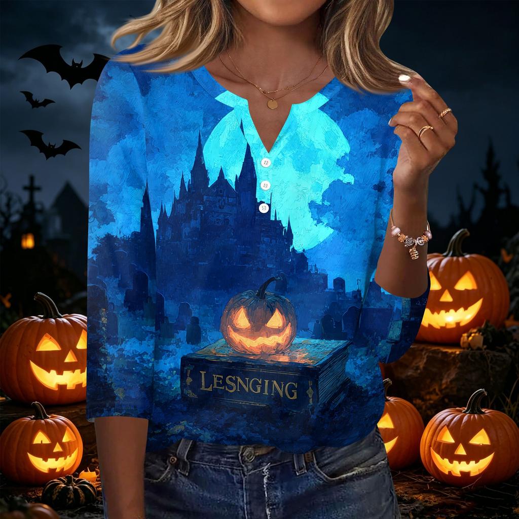 Women V Neck Button Three Quarter Sleeve Top Halloween Print Casual Loose Fit T Shirt for Daily and Holiday Wear