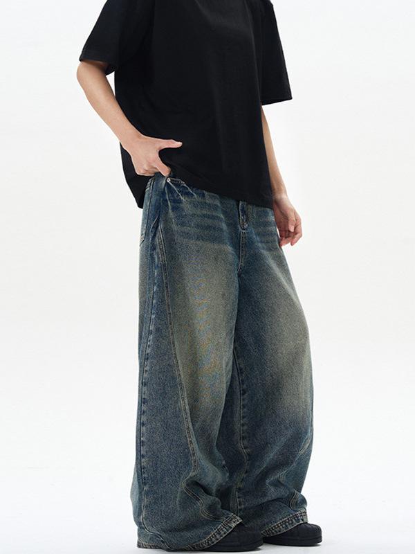 LKTM Unisex Amerykańskie Retro Niebieskie Spodnie Dżinsowe Baggy z Tie-Dye i Zakrzywioną Nogawką