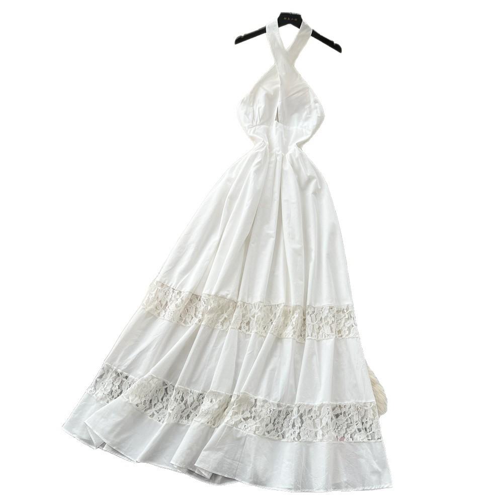 French holiday style white lace splicing neck dress women's pure desire high waist A word long dress elegant temperament