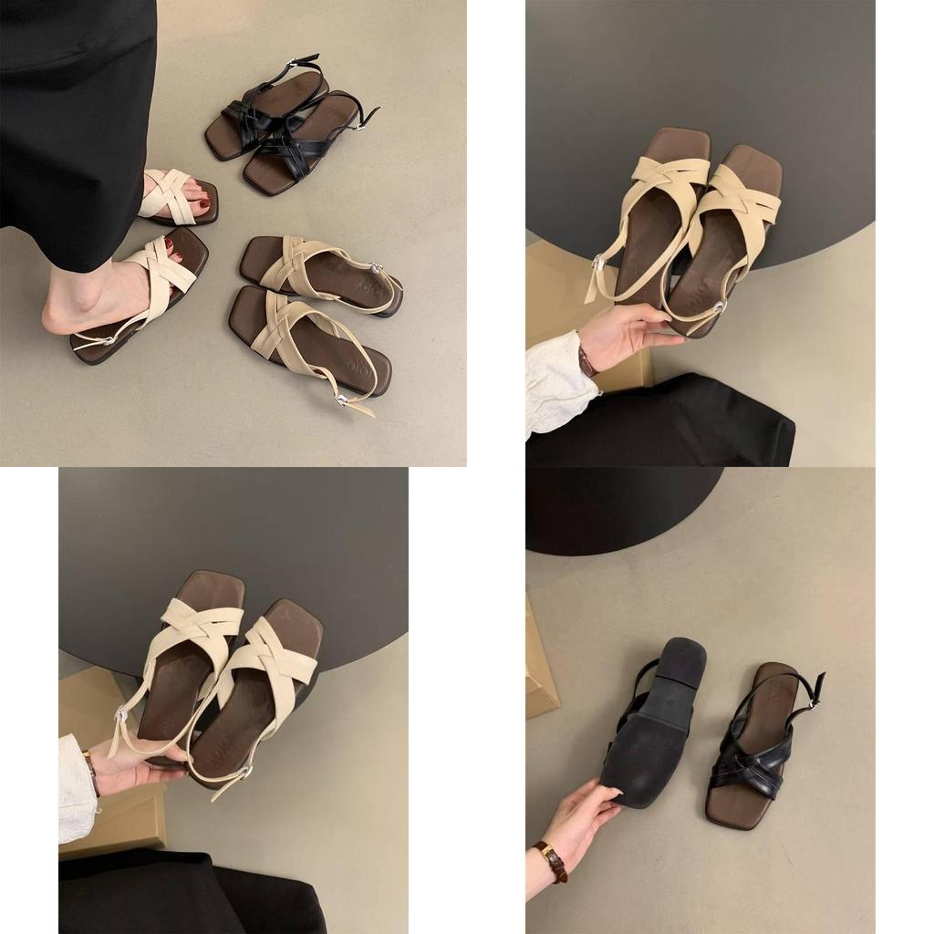 Roman Flat Sandals For Women Summer Vintage Pu Leather Beach Shoes With Buckle Strap