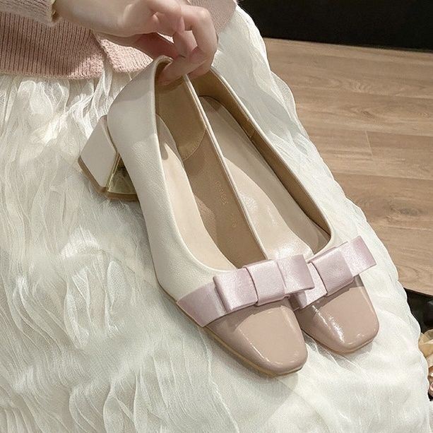 French Small Fragrant Temperament with Skirt Thick Heel High Heels Sweet Bow Single Shoes Women's Spring and Autumn 2025 New