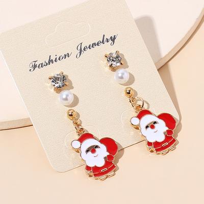 Cute Cartoon Zircon Christmas Earrings Combination Set, European and American New Christmas Ins Pearl Earrings.