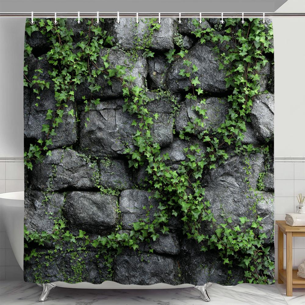 Rural Brick rock and plant landscape Shower Curtain, Floral  Decorative Bathroom Curtain, polyester Shower Curtain with Hooks