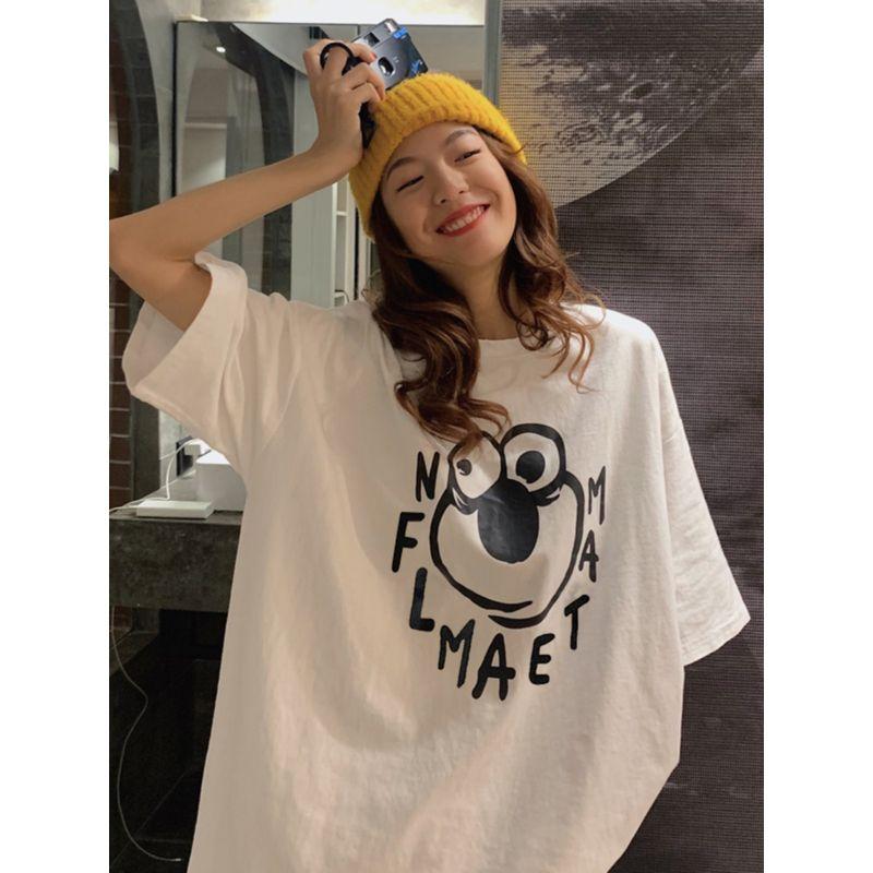 

European Goods Large Short Sleeve Summer Mid Length Long Length round Neck Cartoon White S