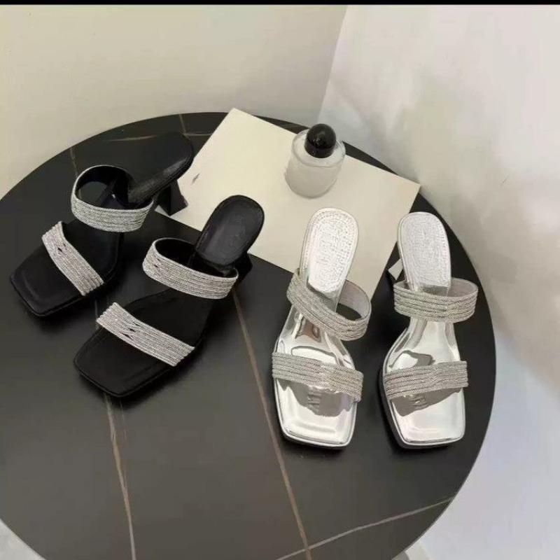 Fashion Fashion Slippers Summer New Square Head Sequin with Soft Sole Anti-slip Wear-resistant Waterproof Platform High Heel Sandals