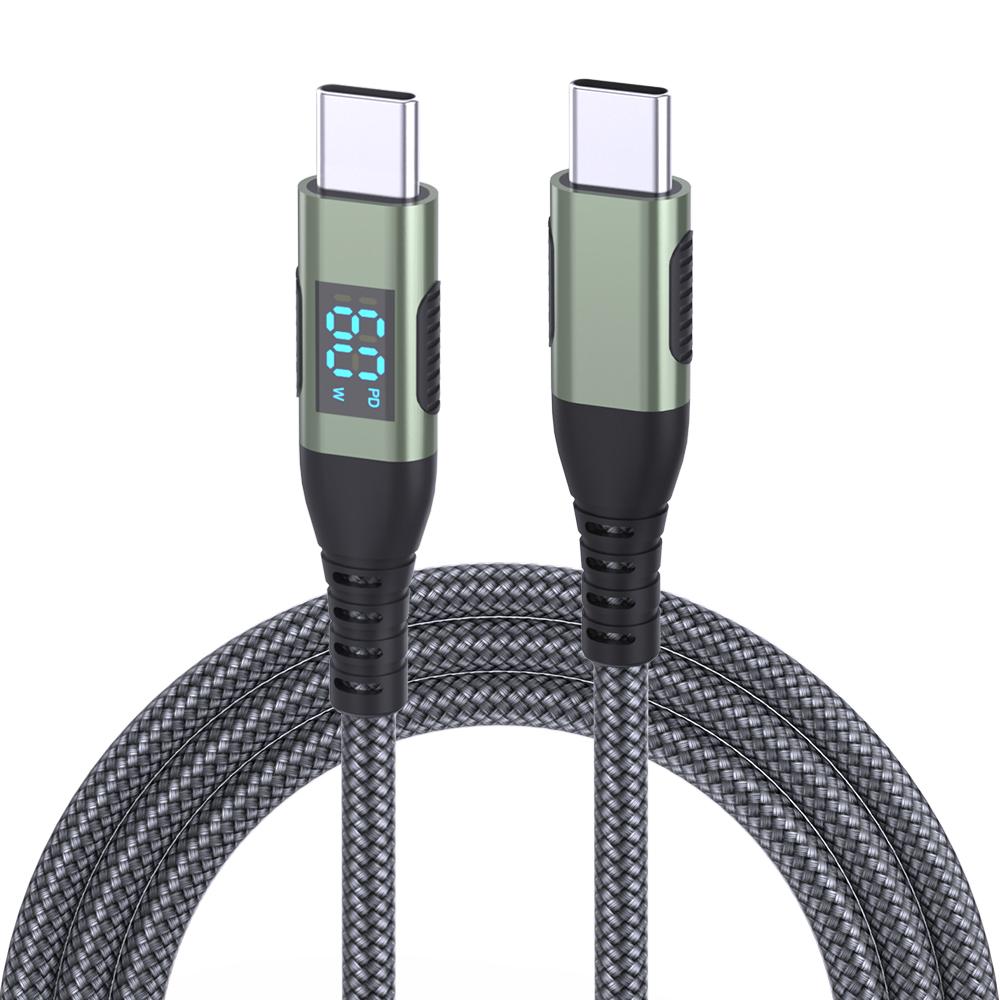 1m USB-C to USB-C Cable Digital Display 3A/20V 60W Fast Charging Braided Data Cord for Smartphones Tablets