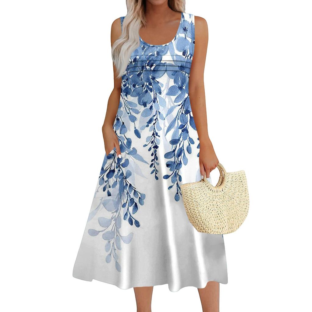 Women's Fashion Round Neck Sleeveless Pleated Beach Dress With Pockets Long Floral Dresses