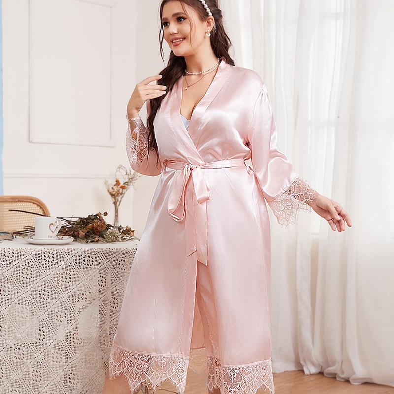 Plus Size Summer Pajamas Simple Casual Cardigan Pajamas Long-sleeved Household Clothes Medium Length Bathrobe Ice Silk Pajamas Women