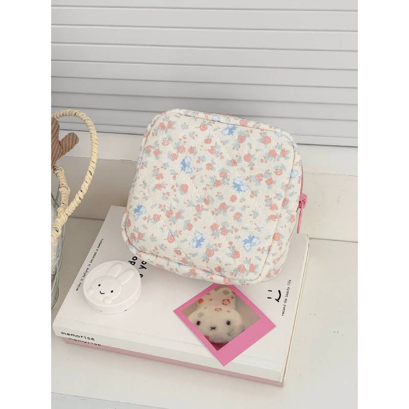 Rose Floral Cotton Makeup Bag With Breathable Storage For Daily Use