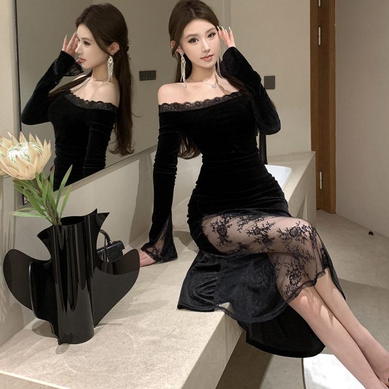 Chic French One-Shoulder Lace Patchwork Dress: Sultry, Slim-Fit, Hip-Hugging Long Skirt