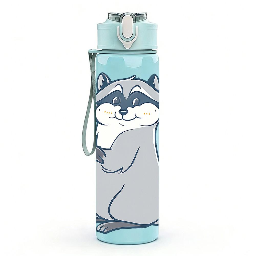 1PC Cute Snack Raccoon Cartoon 750ml Color Plastic Sports Water Bottle Leakproof Flip Straw Lid Suitable for Sports Office Home Use