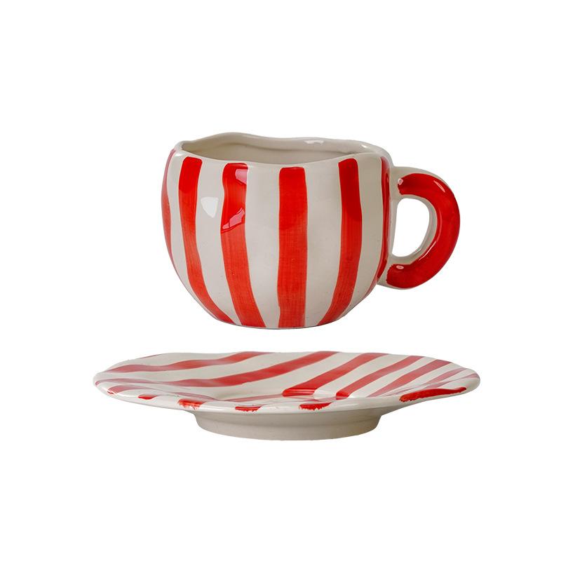 360 Ml Ceramic Coffee Mug with Saucers Handmade Stripes Mugs for Girl Women Tea Milk Cup with Handle Latte Cocoa Office Home