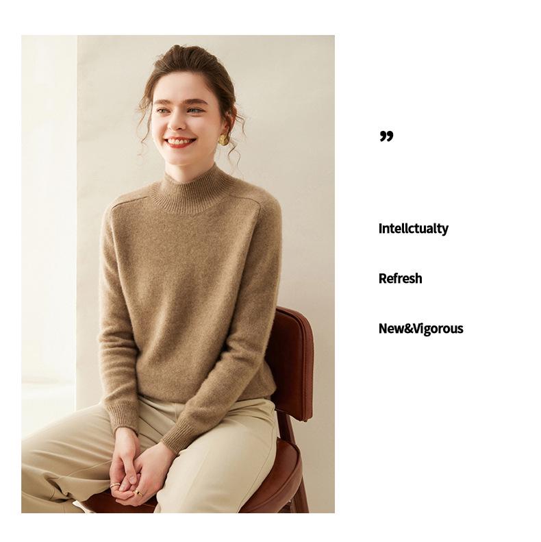 Women's Cashmere Half High-Neck Sweater - Autumn/Winter, Thickened, Solid Color, Loose Saddle Shoulder Knit.