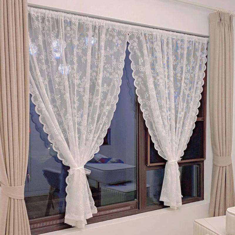 1pc Floral Lace Sheer Rod Pocket Curtain Panel Living Room Bedroom Window Solid Color Door Screen Party Drapes Partition Door