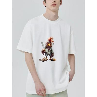 Rundhals T-Shirt Schwarz Huhn mit Tasse und Zigarre Druck Freizeitkleidung für Männer und Frauen