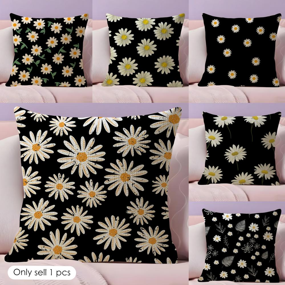 Black Daisy Cushion Cover Natural Linen Organic Fabric DoubleSided Printing Couch Pillow Covers Home Decor