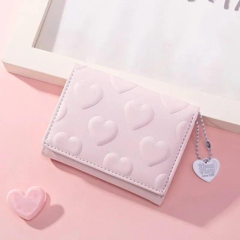 2024 Women'S Money Clip Solid Color Love Imprinted PU Leather Short Coin Wallet Three Fold Multi-Card Slot Card Bag Credit Card