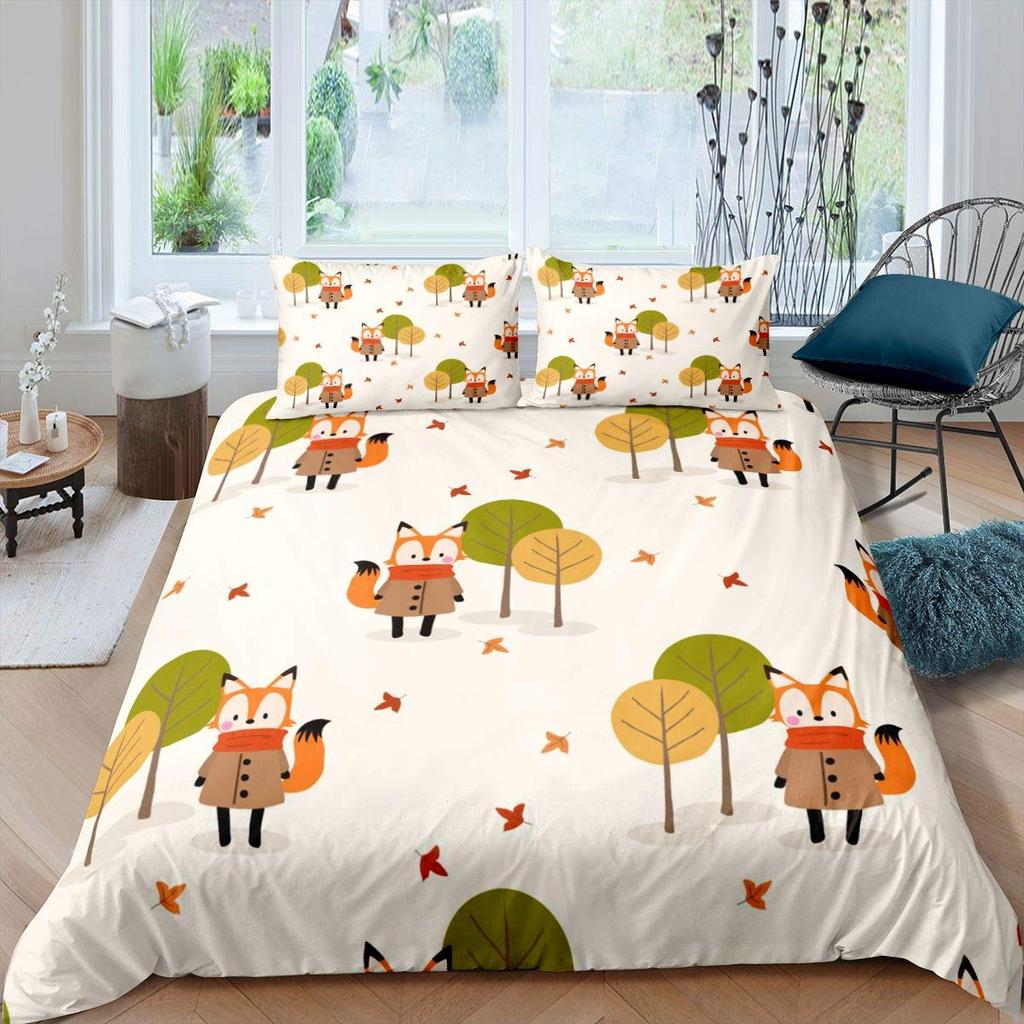 Comforter Fox Girls Cartoon Fox Bedding Set Lovely Animal Theme Comforter For Kids Teens King