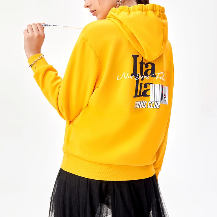 Fila Fusion Letter Print Loose Sports Color Block Drawstring Hooded Pullover Vintage American Sweatshirt Women Sweatshirt Gold Orange T11W141204F-YE
