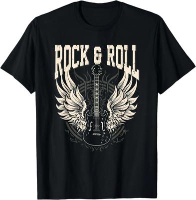Herren Rock and Roll, E-Gitarren Konzertmusterdruck, 100% reine Baumwolle Kurzarm-T-Shirt, Streetwear