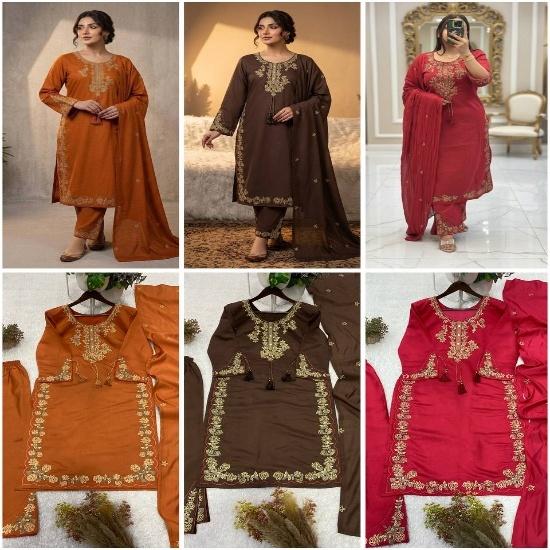 Charismatic Embroidered 3-Piece Silk Straight Kurta Pant Set