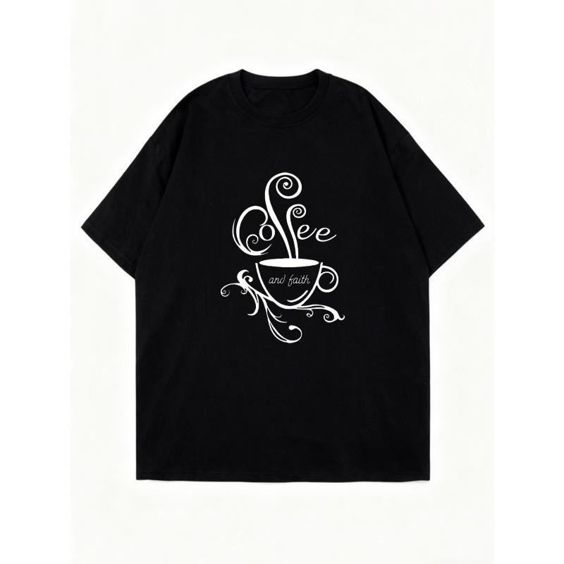 Coffee And Faith Oversized T Shirt Black Coffee Cup With Elegant Swirls And Text Design Casual Everyday Wear For Women