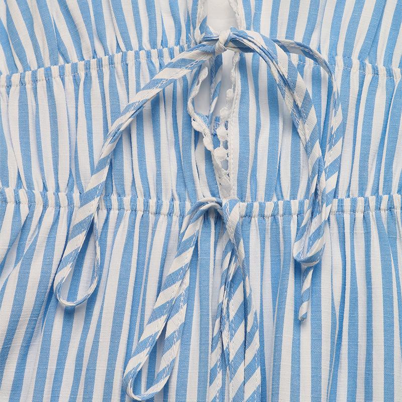 VEZFAA Women's Fashion Summer Spring Stripe Print Sleeveless V-Neck High Waist Casual Dresses