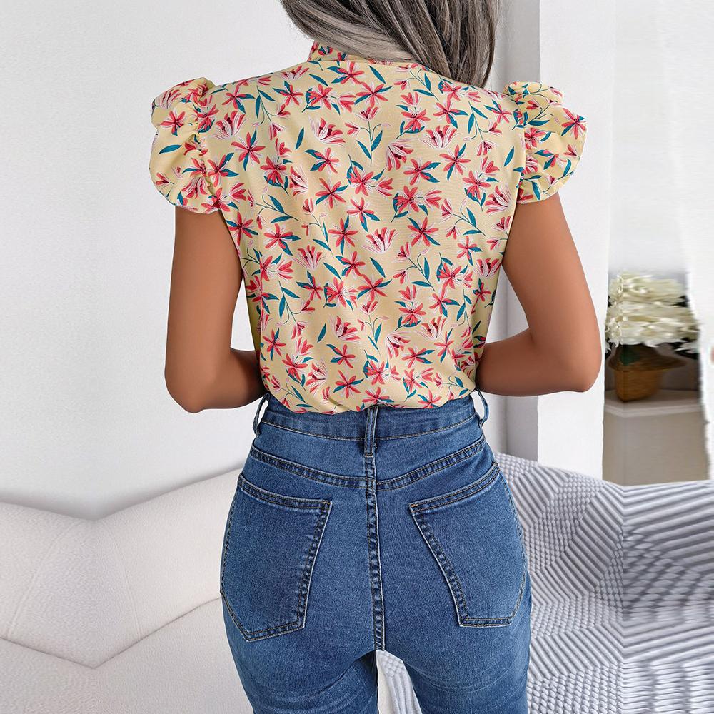Women's Spring Summer Floral Wood Ear Lace Up Bow Tie Chiffon Shirt Blouses
