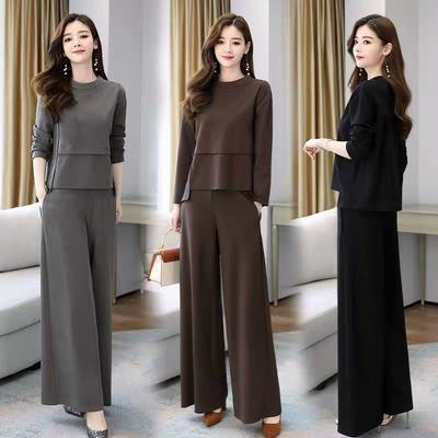 New Spring Clothing Fashionable And Casual Women Clothes Slimming Autumn Two-Piece Set Tshirt +Wide-Leg Pants
