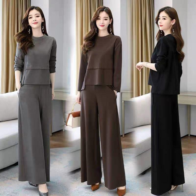 New Spring Clothing Fashionable And Casual Women Clothes Slimming Autumn Two-Piece Set Tshirt +Wide-Leg Pants