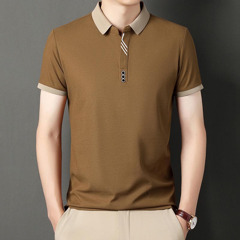 Korean Handsome New Summer Ice Silk Polo Shirt Loose Breathable Short Sleeved Thin Polo Striped Casual Tops Men's Clothing