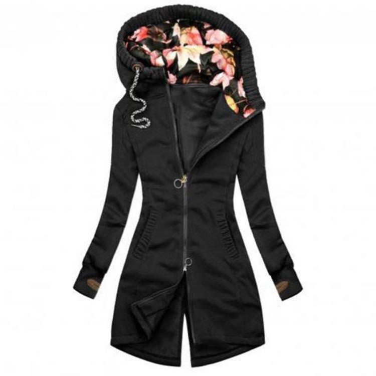 Winter Warm Floral Print Jacket Women Fashion Long Sleeve Coat Zipper Pocket Sweatshirt S чёрный