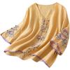 Women S Vintage Embroidered V Neck Short Sleeve Loose Linen Cotton Shirt