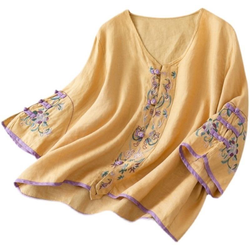 Women S Vintage Embroidered V Neck Short Sleeve Loose Linen Cotton Shirt