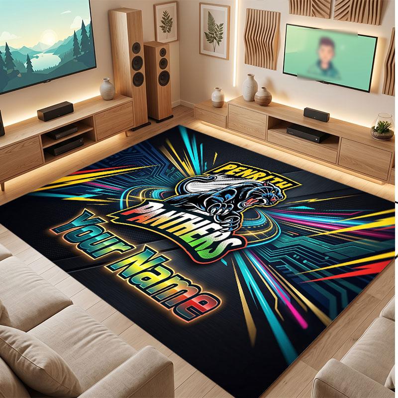 Penrith Panthers Personalisierter Kristall-Samt-Teppich, Benutzerdefinierter Name Text Weicher Anti-Rutsch-Teppich für Wohnzimmer Schlafzimmer