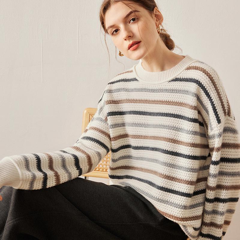 Striped Color Block Women's Drop Shoulder Cashmere Pullover Sweater