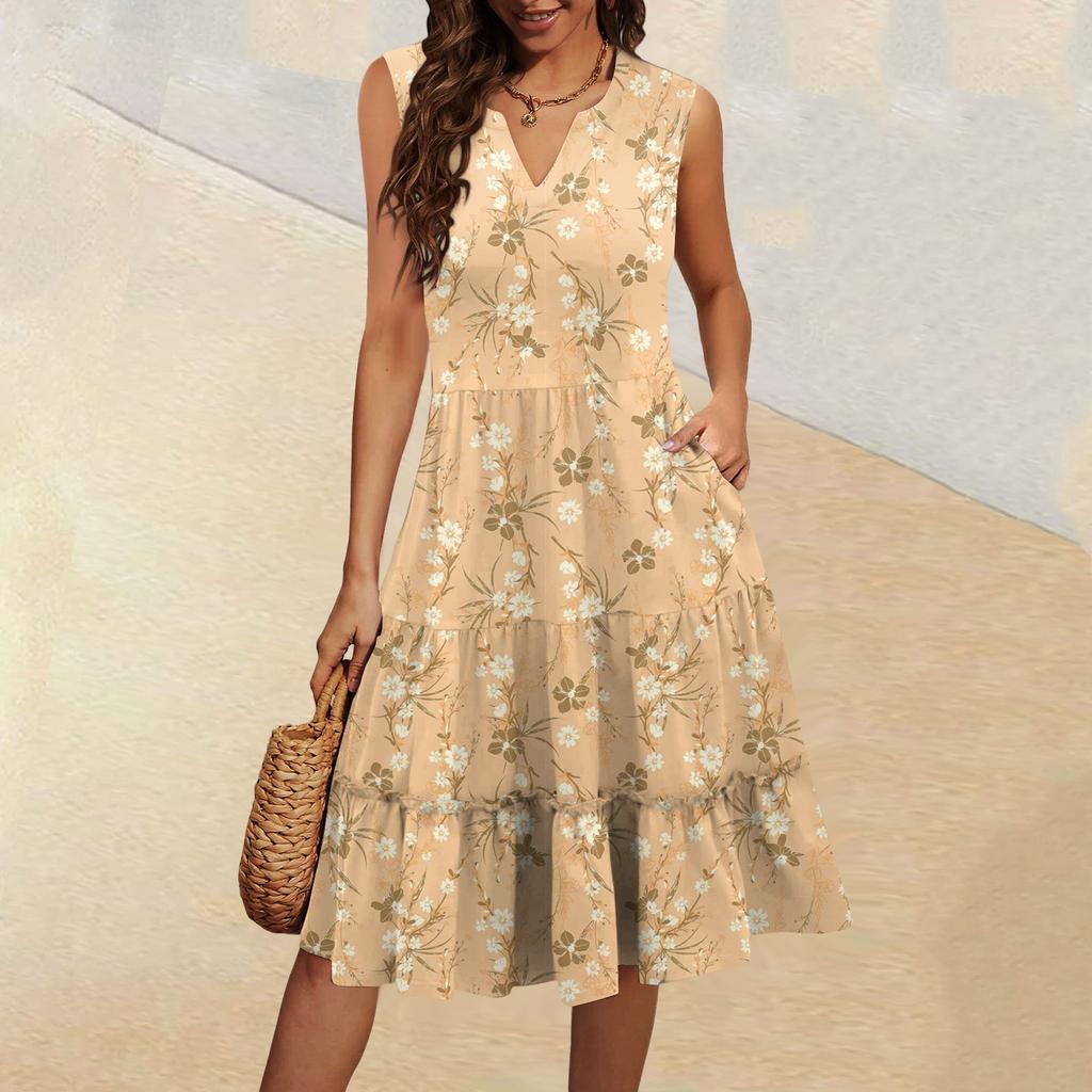 Dámské letní ležérní plisované šaty s volánky ve vintage květinovém stylu s výstřihem do V a bez rukávů