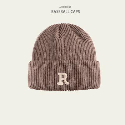 Hats for Women's Autumn and Winter New Warm Knitted Hat Korean Version Versatile R Letter Wool Hat Couple Head Hat Men's Trend
